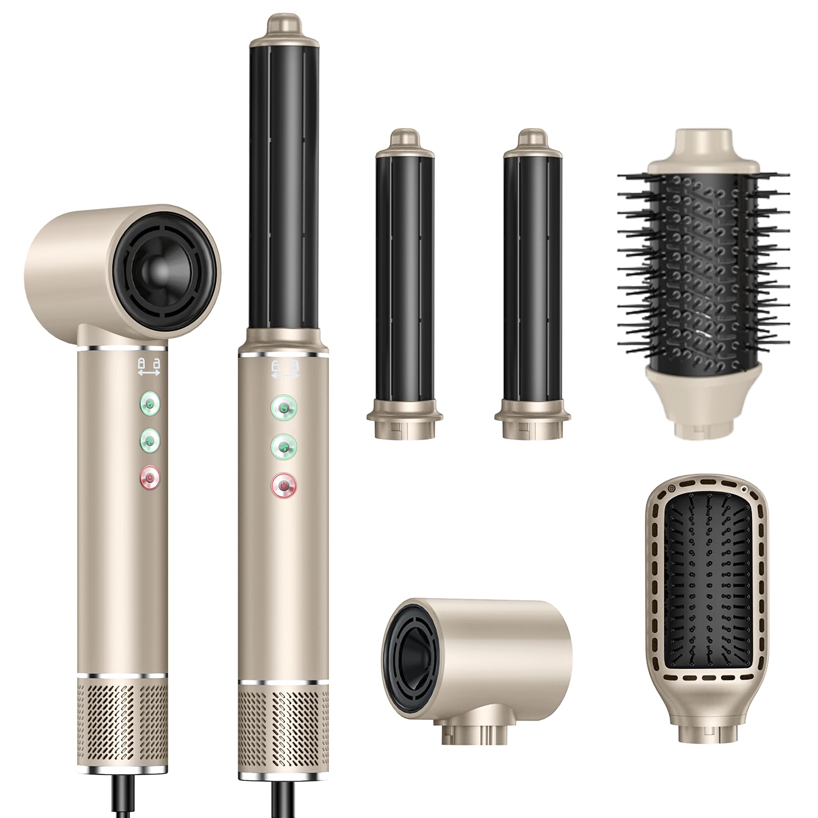 Photo 1 of 5 in 1 110000 RPM Hair Styler Set: Ionic Dryer, Hot Air Brush, Curling Iron, Straightening Brush, and Oval Brush - Gold