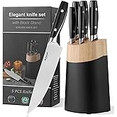 6-Piece Knife Block Sets，Stainless Steel Kitchen Knife Set with Block – High Carbon Black Knives, Dishwasher Safe，Holiday Gift