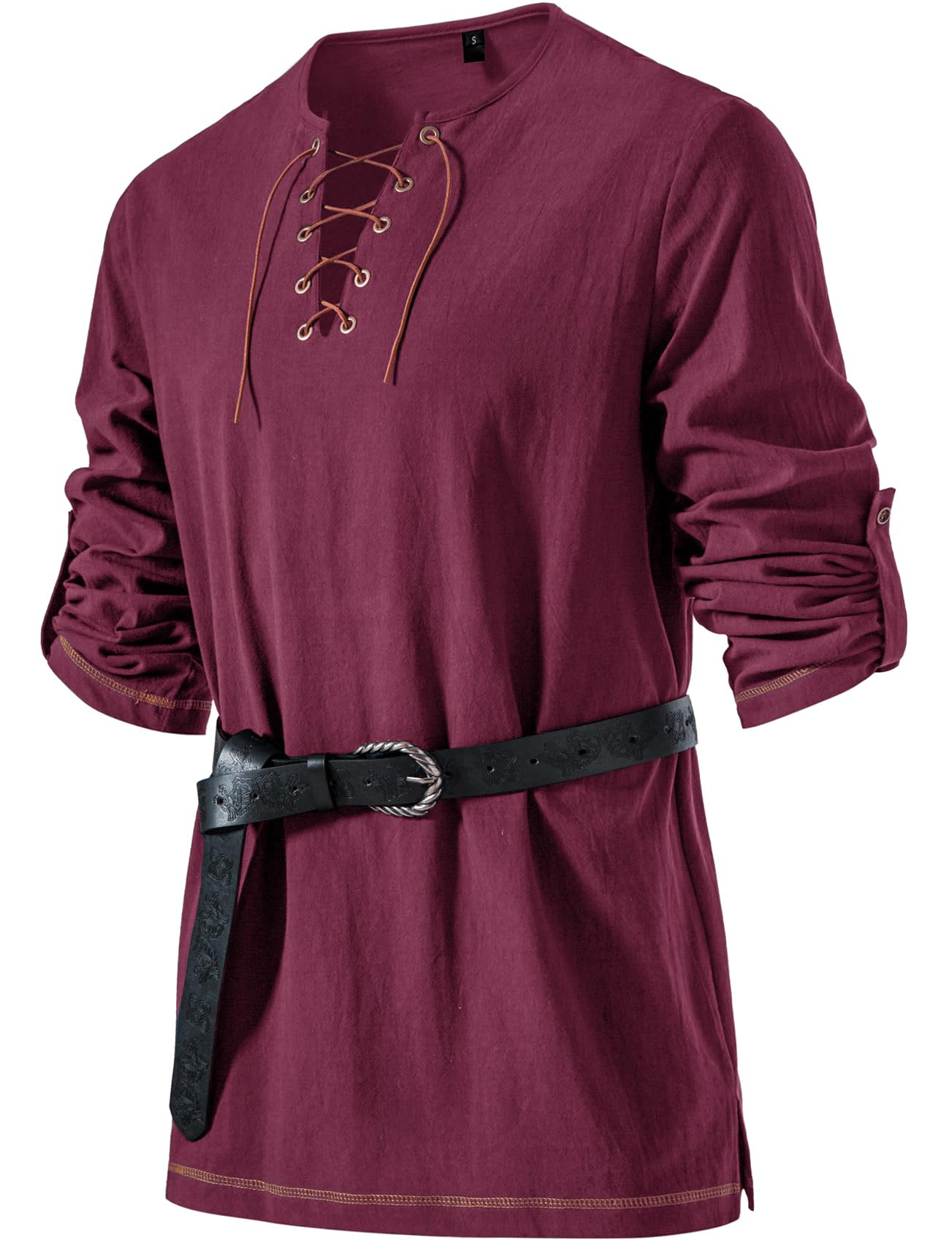 Photo 1 of JEMITOP Men's Renaissance Costume Retro Lace Up Shirts for Pirate Viking Medieval Vampire Halloween Cosplay Without Belt Burgundy M
