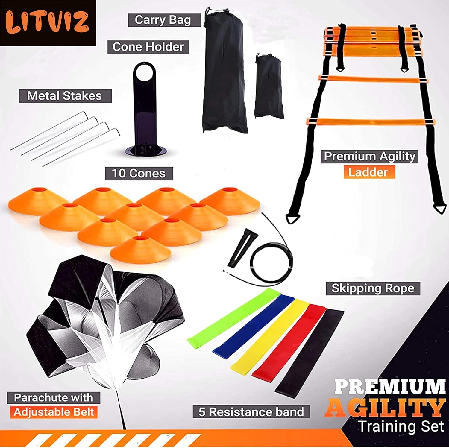 Agility Ladder Speed Training Equipment, Includes 12 Rung Agility Ladder, Jump Rope, Resistance Bands, Running Parachute, 10 Disc Cones with Holder -for Football, Basketball, Hockey Training Athletes : Sports & Outdoors
