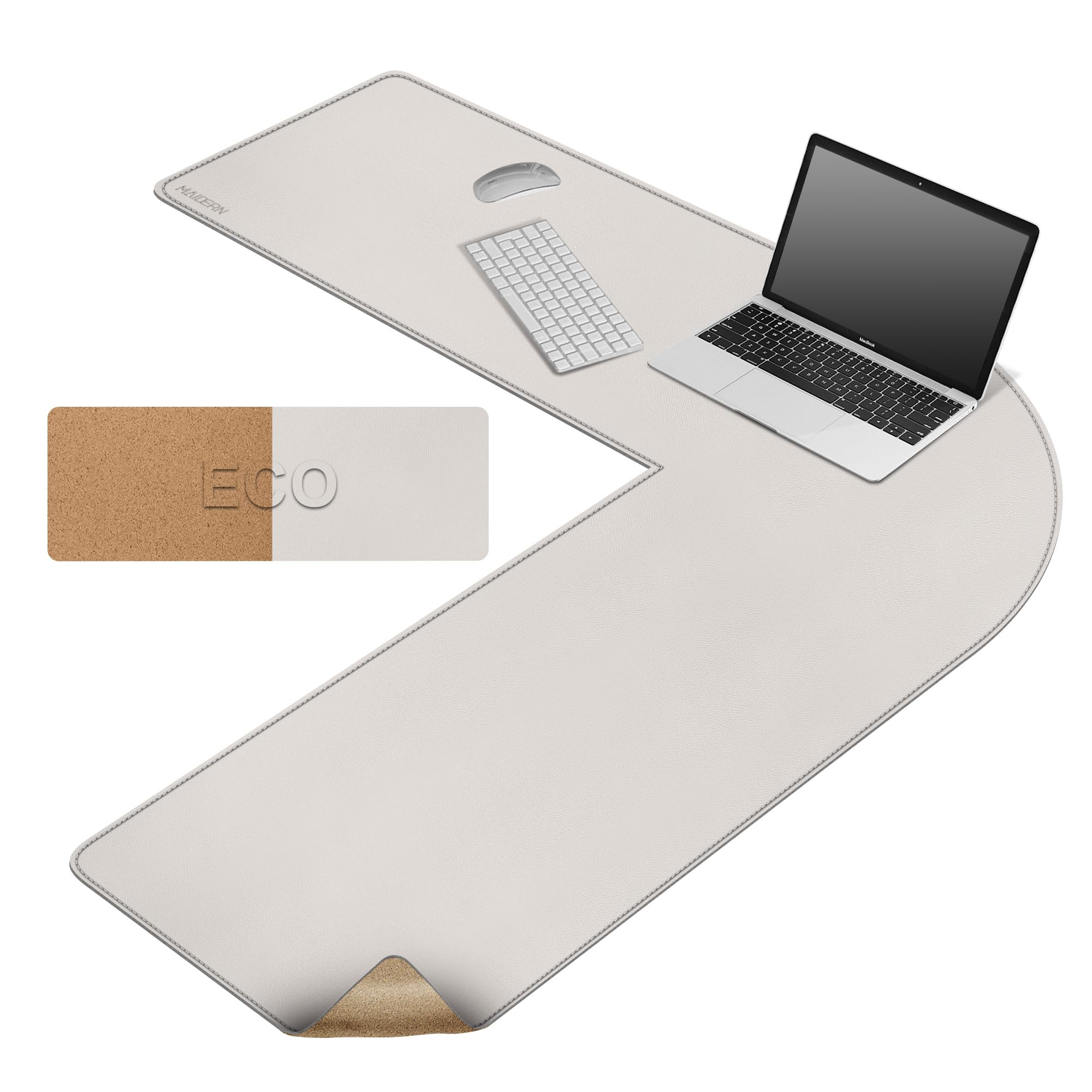 MAIDERN L Shaped Corner Desk Mat, 110x110x33cm Cork & Leather Dual Sided Desk Pad for Gaming Computer Office Home (Cream)