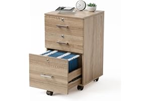 VINGLI 3-Drawer File Cabinet with Lock, Wood Rolling Filing Cabinets for Home Office, Mobile Printer Stand, Under Desk File Organizer for Letter Sized Files, 26" H(Caster Included), Oak