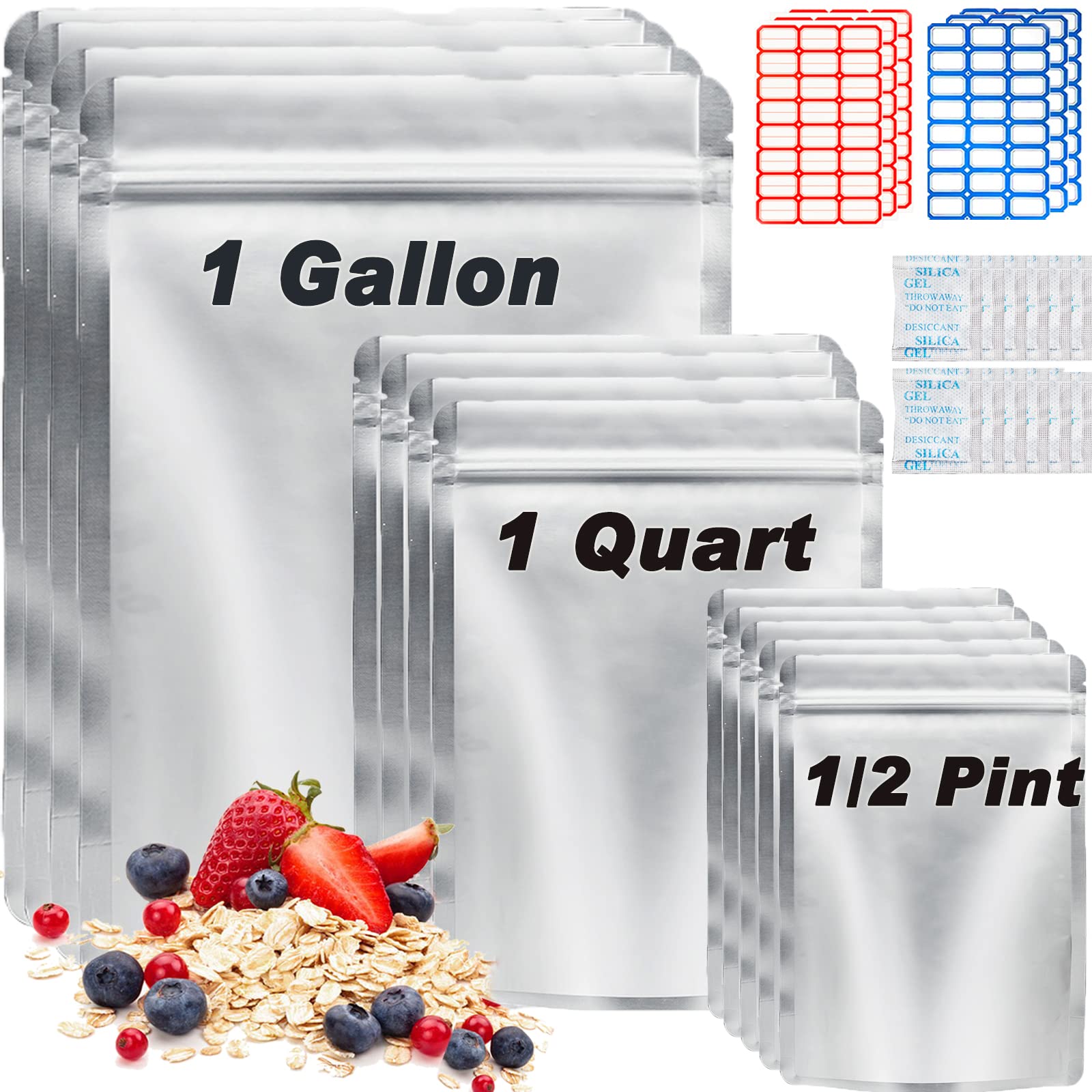 View 1 of 100 Pack Mylar Bags for Food Storage with Oxygen Absorbers, 1 Gallon 9.4 Mil 10"x14", 7"x10", 5"x7" Stand-Up Zipper Pouches Resealable Mylar Bags for Long Term Food Storage (144 Labels)