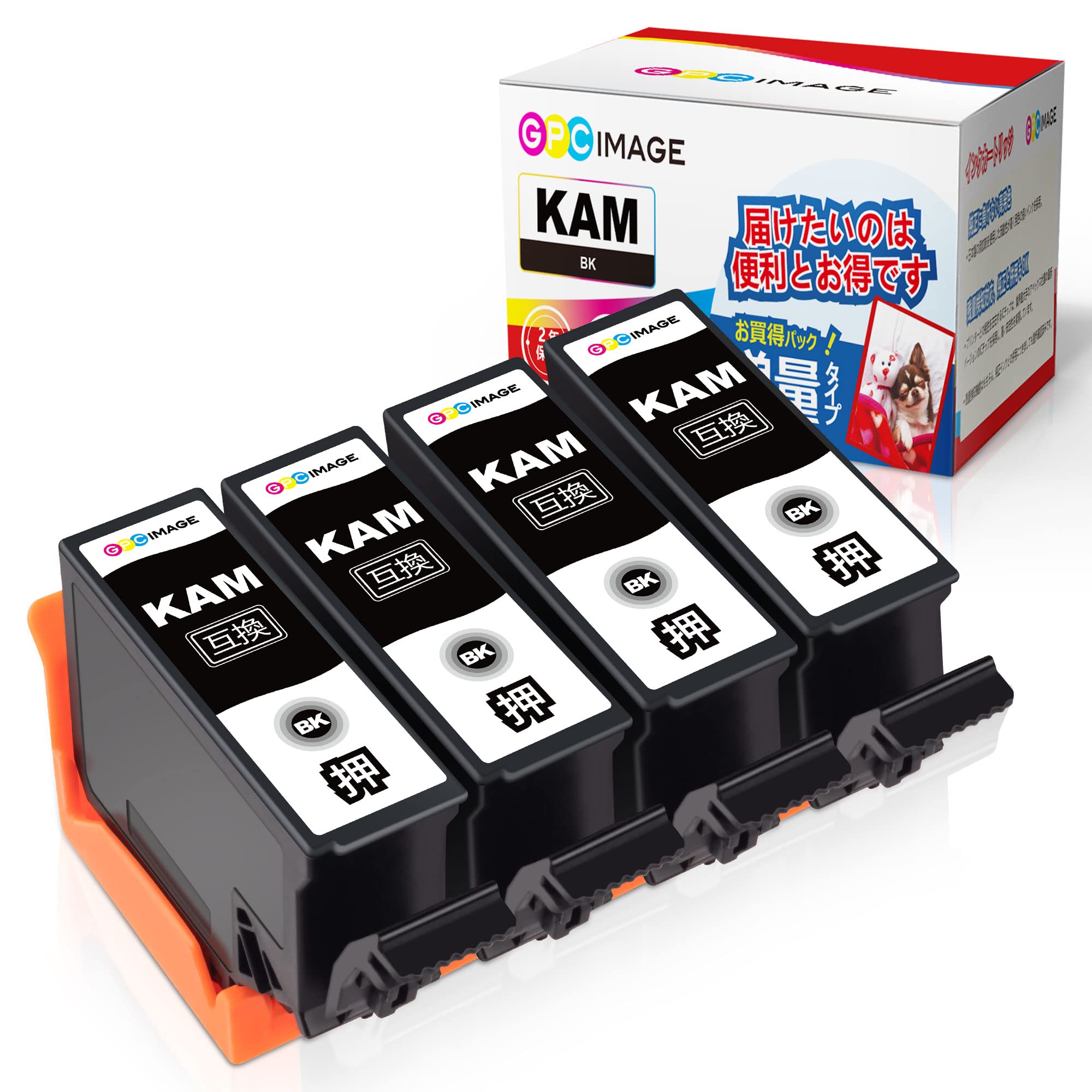 GPC Image 互換インクカートリッジ カメ KAM-BK-L ブラック (計4本) 増量タイプ エプソン(Epson)用 KAM-BK カメ インク EP-882AW EP-882AB EP-882AR EP-881AW EP-881AB EP-881AN EP-881AR 対応の KAM カメ 互換インク ブラック 残量表示機能 個包装商品画像