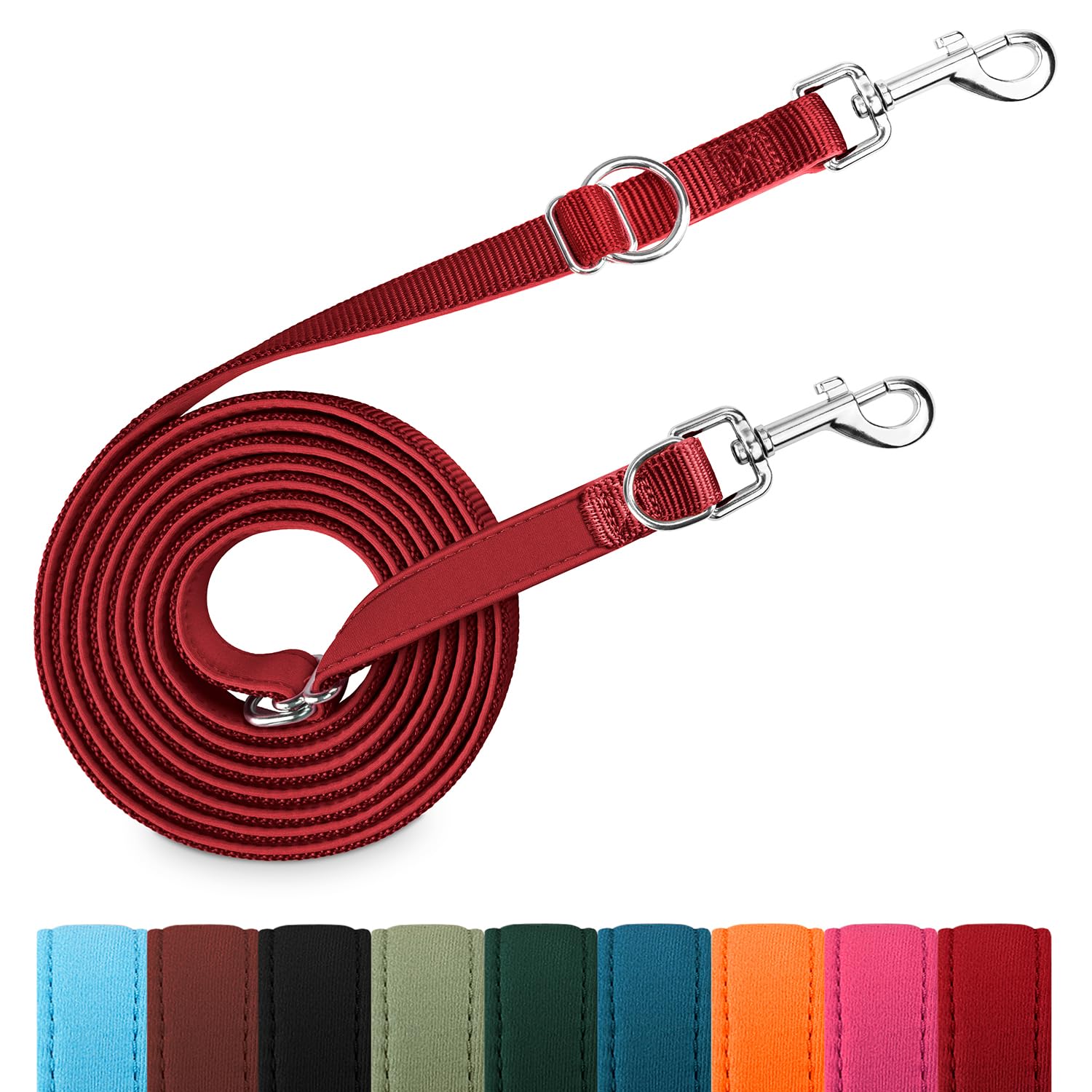 PETCOOZ Dog Training Lead, 3M/9.8ft Double Ended Lead for Dogs, Professional Stop Pulling Dog Lead, Adjustable Hands Free Dog Leads, Multi-Functional Dog Leash for Puppy Walking, Running, Camping, Red