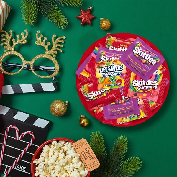 WRIGLEY’S SKITTLES FUN SIZE ORIGINAL, WILD BERRY, AND SOUR CHEWY INDIVIDUALLY WRAPPED STOCKING STUFFERS CHRISTMAS CANDY VARIETY PACK, 26.46 OZ BULK BAG