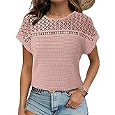 Dokotoo Women's Tops Casual Scoop Neck Short Sleeve Waffle Knit Hollow Out Shirts Loose Tunic Tops Blouses