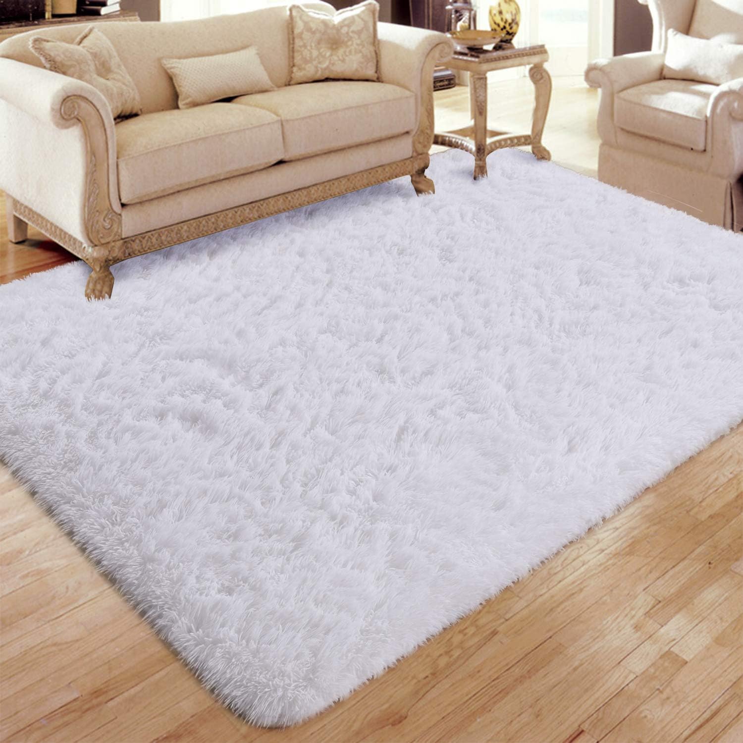 Flagover Soft Fluffy Modern Living Room Area Rugs Shaggy Plush Non-Slip Bedroom Carpets Suitable for Children Room, Baby Room, College Dorm and Nursery Home Decor Floor Rugs 4x6 Feet White