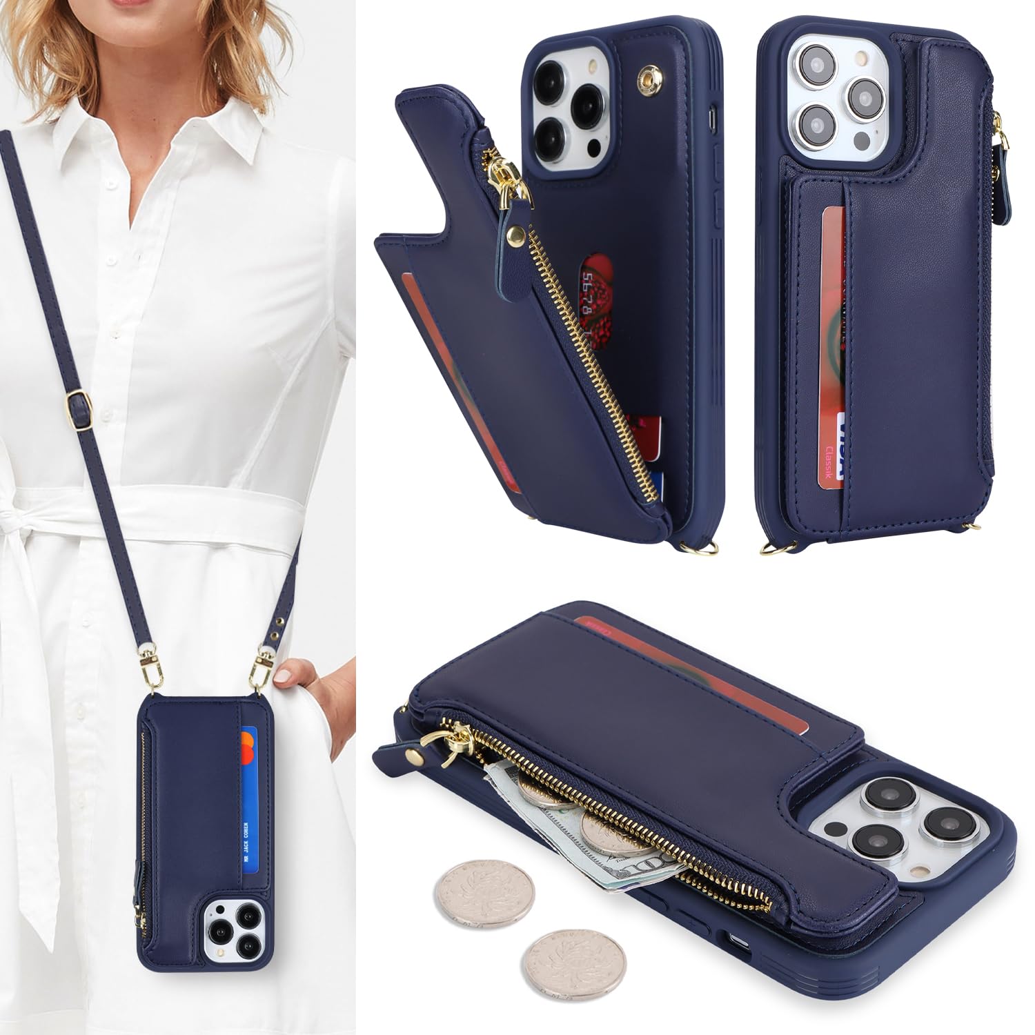 SailorTech for iPhone 14 Pro Max Phone Case with Credit Card Holder for Women, iPhone 14 Pro Max Leather Case Wallet Crossbody with Credit Card Slots Zipper Shockproof Case for Men - Blue