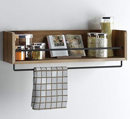 Wood Art Store Rustic Kitchen Wall Shelf with Metal Rail