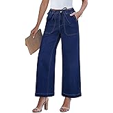 GRAPENT Wide Leg Jeans for Women Trendy High Waisted Drawstring Tie Elastic Waist Stretchy Denim Pants Trouser Jeans