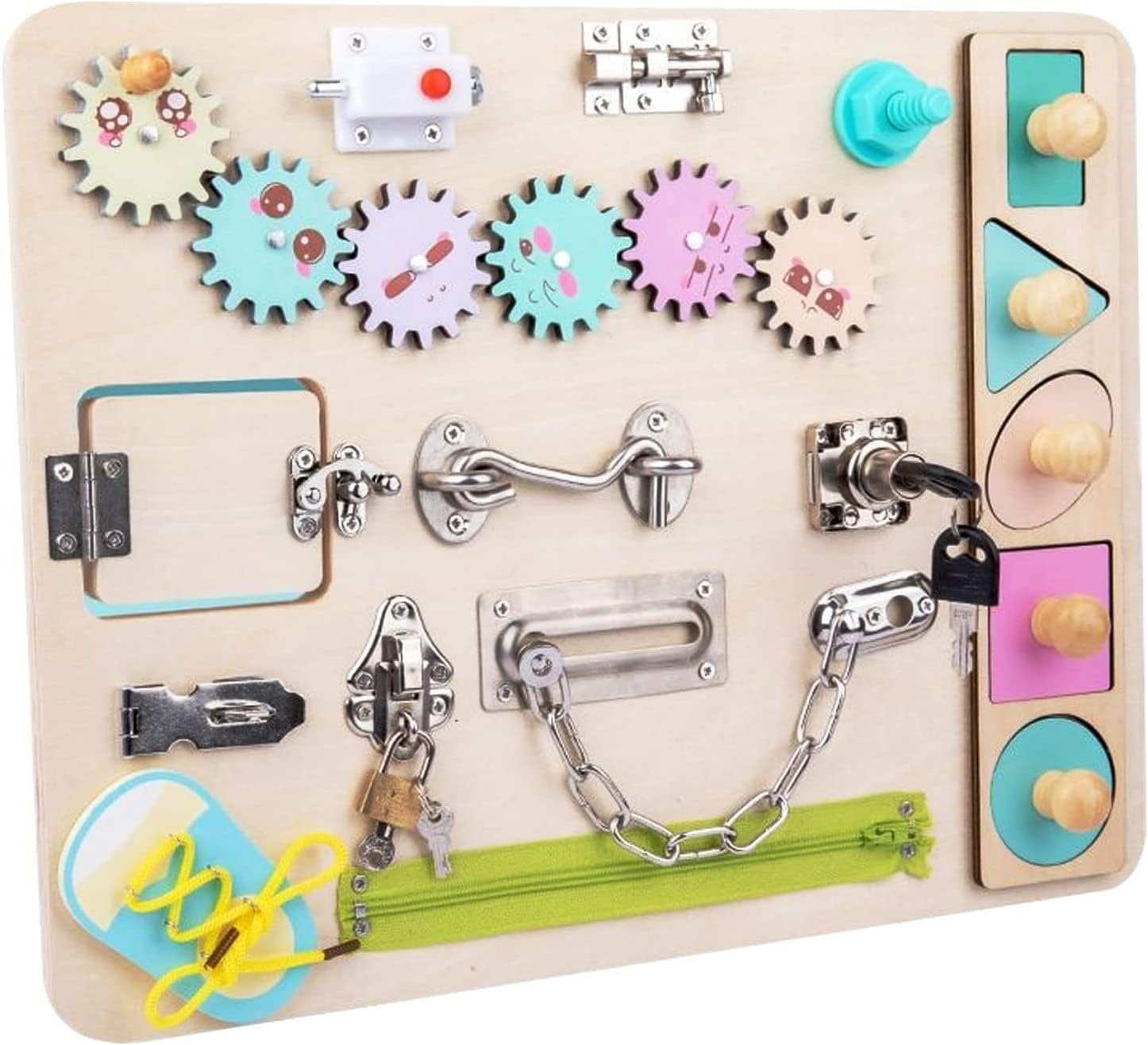 Forroby Wooden Busy Board for Toddlers,Montessori Sensory Toys for Babies,Gear,Pair,Lock,Educational Learning Toy,Fine Motor Skills Activity Center,Gift for Girls Boys 2 3 4 5 Years Old