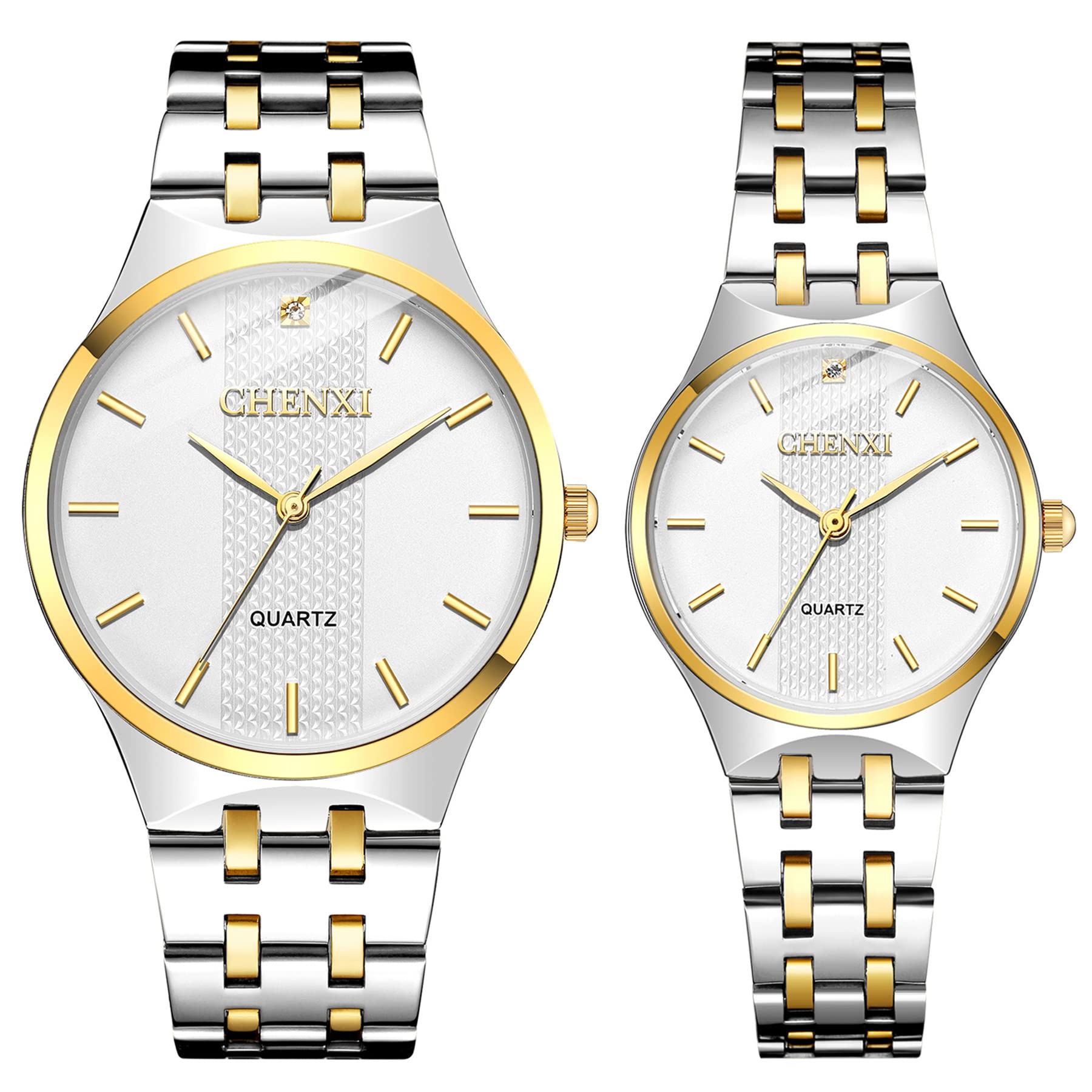 JewelryWe Luxury Couple Watches Gold-Silver Tone Stainless Steel Quartz Calendar Wristwatch Rhinestone His and Her Watch Set, for Anniversary, Wedding, Valentine's Day