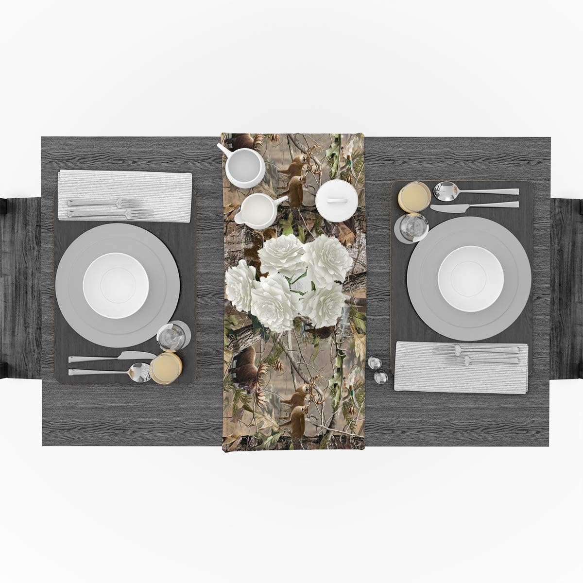 Cotton Linen Table Runner Dresser Scarves Realtree Camo Rustic Deer Elk Bird Bear Non-Slip Burlap Tablecloth for Holiday Dinner Parties Wedding Home Decor - 14"x72": Home & Kitchen