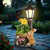 YEPOTUE Solar Bunny Garden Stalue Outdoor, Rabbits Figurine Flowerpot Decolwith Solar Lantem for Yard Art Lawn Ornaments Porch Patio Balcony - Gardening Gifts for Women Mom