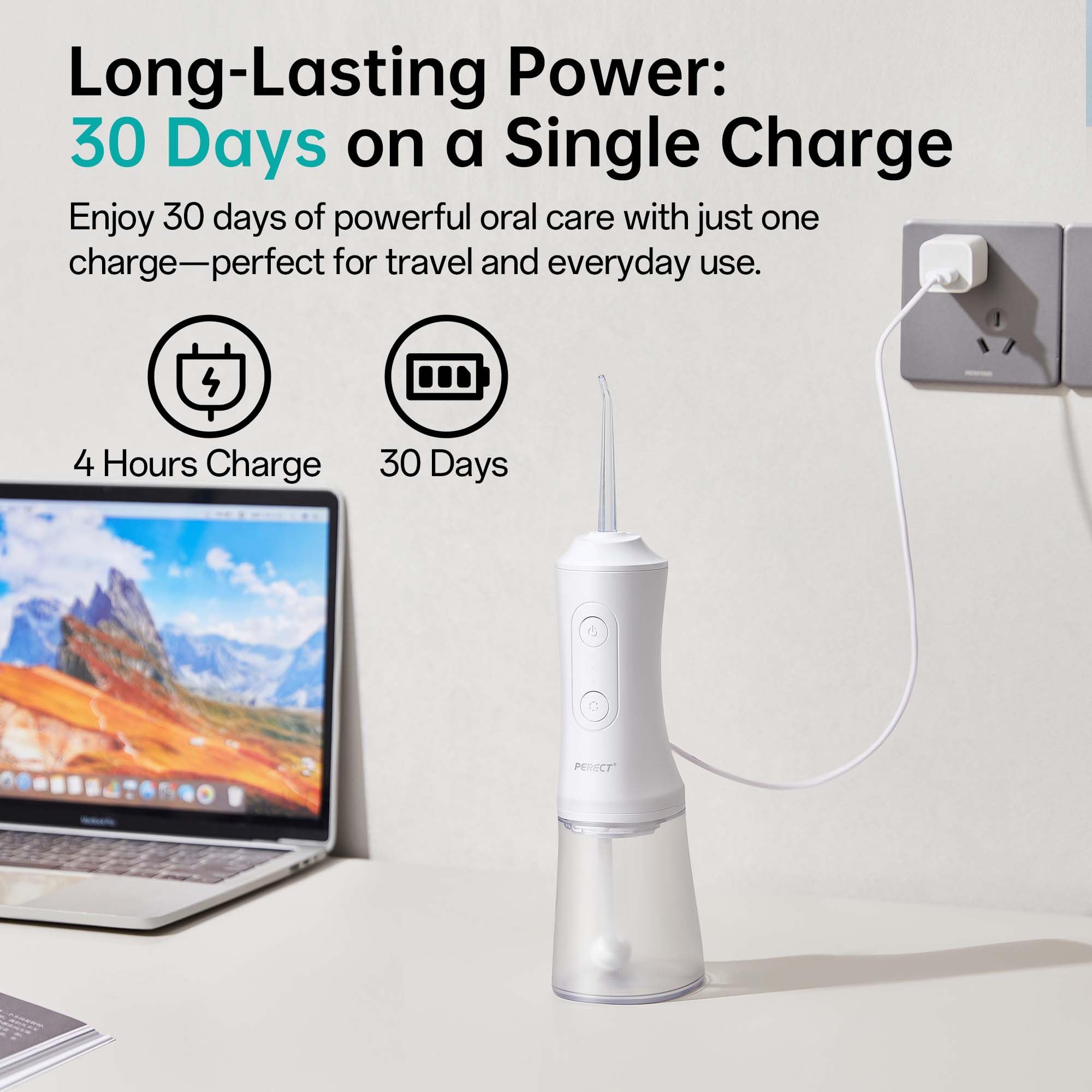 PERECT Water Flosser with 300ML Water Tank, 3 Modes, 4 Replaceable Jet Tips, Cordless Water Dental Flosser, IPX7 Waterproof, Water Flosser for Teeth Cleaning at Home and Travel(White)