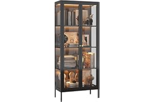 UNICOLY Display Cabinet with Glass Doors, Glass Display Cabinet with 3 Color LED Lights, Curio Display Cabinet with 3 Shelves for Living Room, Plant, Display Shelf, Assembly Required, Black