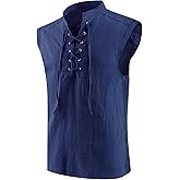 mogenda Mens Medieval Renaissance Pirate Costume Sleeveless Lace-up Stand Collar Shirt Gothic Viking Steampunk Top Tunic