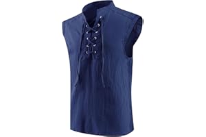 mogenda Mens Medieval Renaissance Pirate Costume Sleeveless Lace-up Stand Collar Shirt Gothic Viking Steampunk Top Tunic