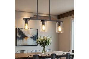HUONG SON Farmhouse Wood Kitchen Island Lighting, 3-Light Adjustable Chandelier for Dining Room, Seeded Glass Shade Dining Room Light Fixture Over Table, Black Hanging Pendant Lights for Kitchen, Pool Table
