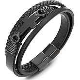 COOLSTEELANDBEYOND Mens Women Steel Horizontal Sideway Lateral Flat Cross Multi-Strand Leather Bangle Bracelet
