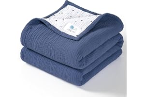 lulumoon Muslin Baby Blanket - Cotton Quilt Blankets for Toddlers - Reversible Nursery Crib Blanket for Baby Boys and Girls 47"x47"(Blue)