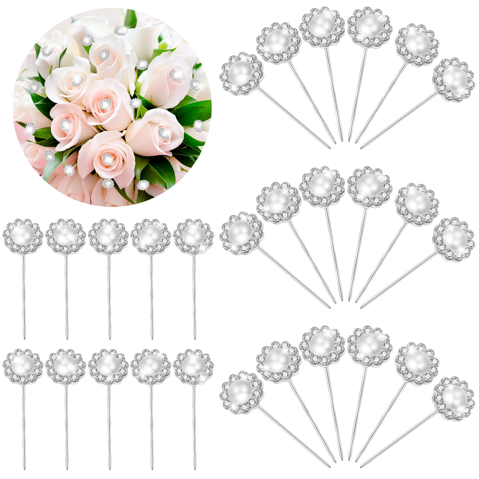 Photo 1 of Henoyso 36 Pack Diamond Pins for Bouquets Flower Diamond Head Corsage Boutonniere Pins Rhinestone Crystal Floral for Wedding Bridal Flower(Pearl Style)