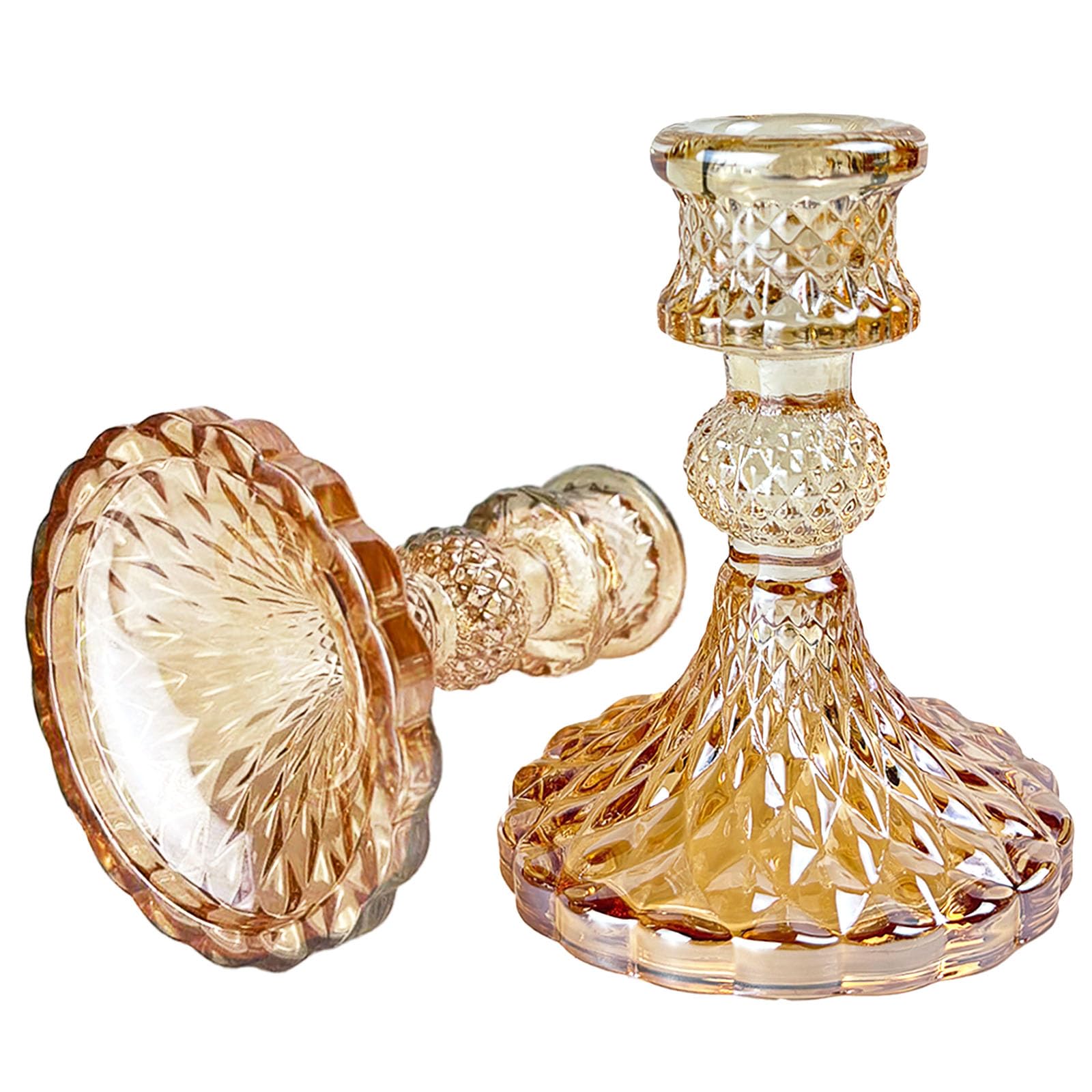 Photo 1 of 2pcs Gold Glass Candle Holder, Amber Diamond Candle Holders,Modern Taper Candle Decorative Candlestick Holders,Suitable for Home,Weddings,Birthdays,Parties,Halloween,Christmas