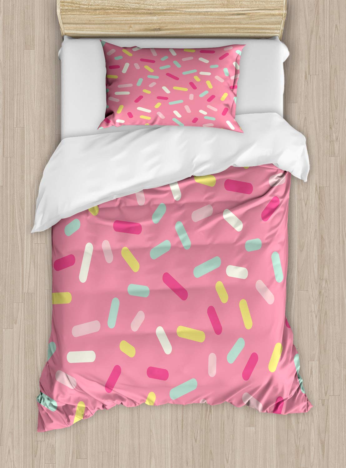 Ambesonne Pink and White Duvet Cover Set Twin Size, Abstract Pattern of Colorful Donut Sprinkles Tasty Food Bakery Theme, Decorative 2 Piece Bedding Set with 1 Pillow Sham, Pink Yellow