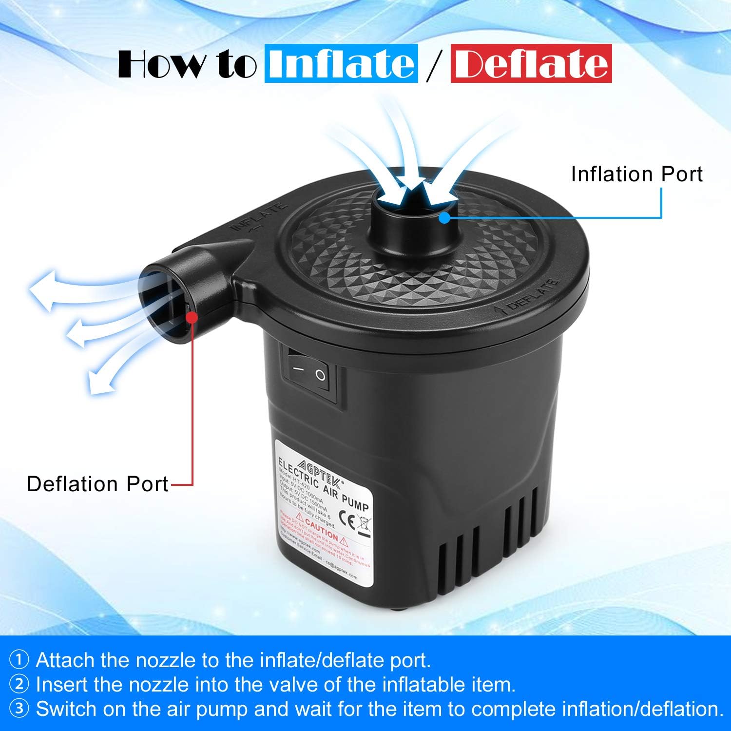 Rechargeable Air Pump, AGPTEK Electric Air Pump Quick-Fill Inflator & Deflator with 3 Nozzles, Lightweight & Portable Rechargeable Air Pump Perfect for Air Beds, Air Mattresses, Pool Toys & Inflatable: Sports & Outdoors
