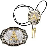 HUABOLA CALYN 2 Pieces Belt Buckle Bolo tie Set Golden Initial Letter ABCDMJR to Y Western Cowboy Costume for Men