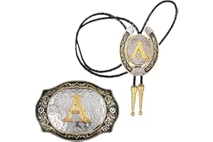 HUABOLA CALYN 2 Pieces Belt Buckle Bolo tie Set Golden Initial Letter ABCDMJR to Y Western Cowboy Costume for Men