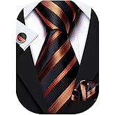 Barry.Wang Tie Sets for Men Silk Stripe Necktie Woven Checkered Handkerchief Cufflinks Formal Business Wedding