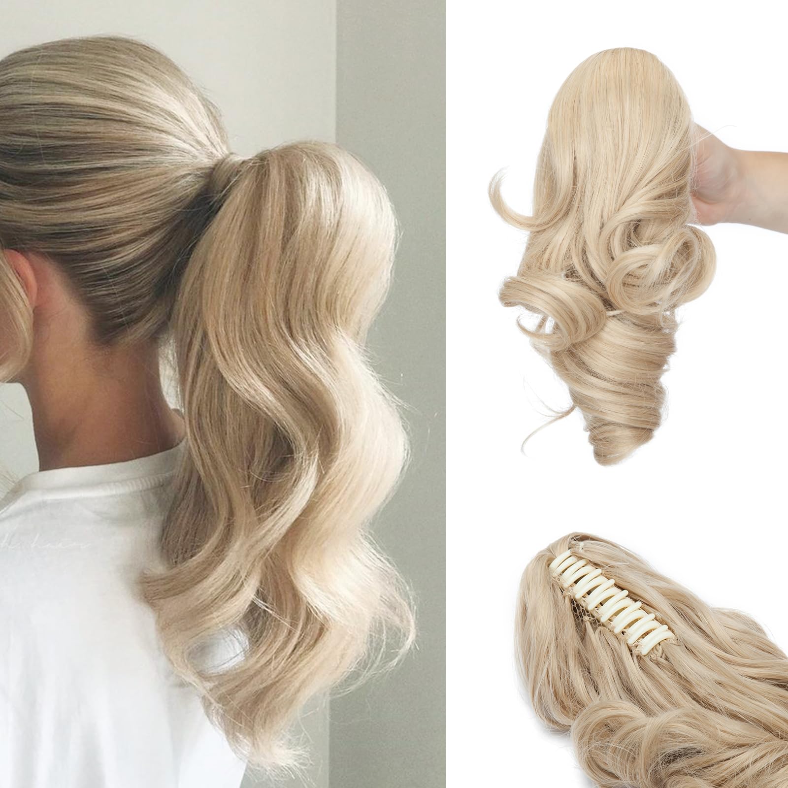 Silk-co Hair Ponytail Extension, Clip in Ponytail Hair Extensions, Claw Clip Ponytail Hair Extensions, Curly Ponytail Extension, 12" Dark Blonde mix Bleach Blonde — image 1