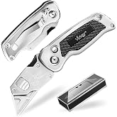 Vickay Folding Utility Knife, All Metal Heavy Duty Box Cutter-Black | Quick Change Blade Razor Knife with Back-lock Mechanism and 5 Extra Blades for Cartons, Cardboard, Boxes, Carpet, Leather