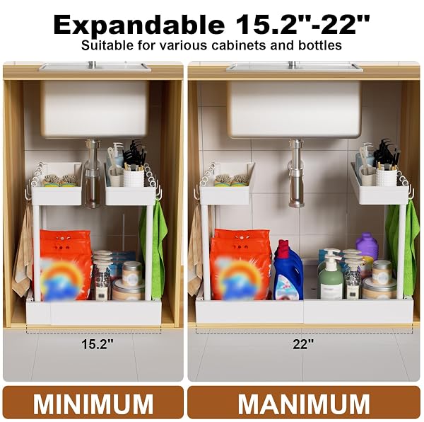FOXHIVE EXPANDABLE PULL OUT CABINET ORGANIZER – ADJUSTABLE WIDTH 12-18″ & DEPTH 13-23″, 3-RAIL HEAVY DUTY SLIDE OUT DRAWER, NO-DRILLS ADHESIVE MOUNT, FITS LIP & LIP-FREE CABINETS (WHITE)