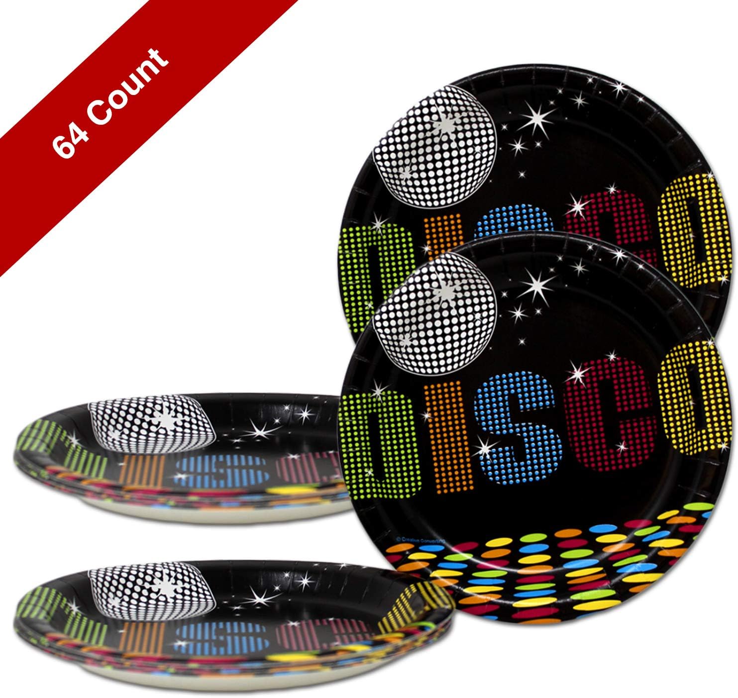 Disco Theme Disposable Paper Dessert Plates | Colorful Disco Party 70's Supplies | 7 inch Paper Plates (64 Count)