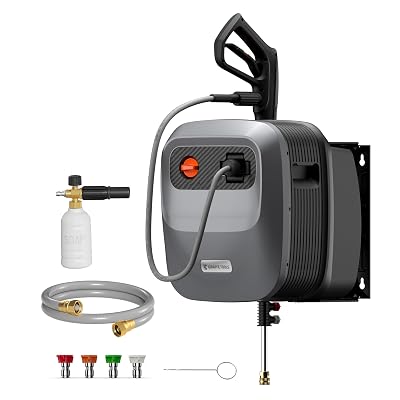 Giraffe Tools Grandfalls Retractable Pressure Washer G20, 2500 PSI 2.2 GPM, 180° Wall Mounted Power Washer, Auto-Retract with 65ft Pressure Hoses, 5 Nozzles for Floor/Cars/Fences/Patios, Dark Silver