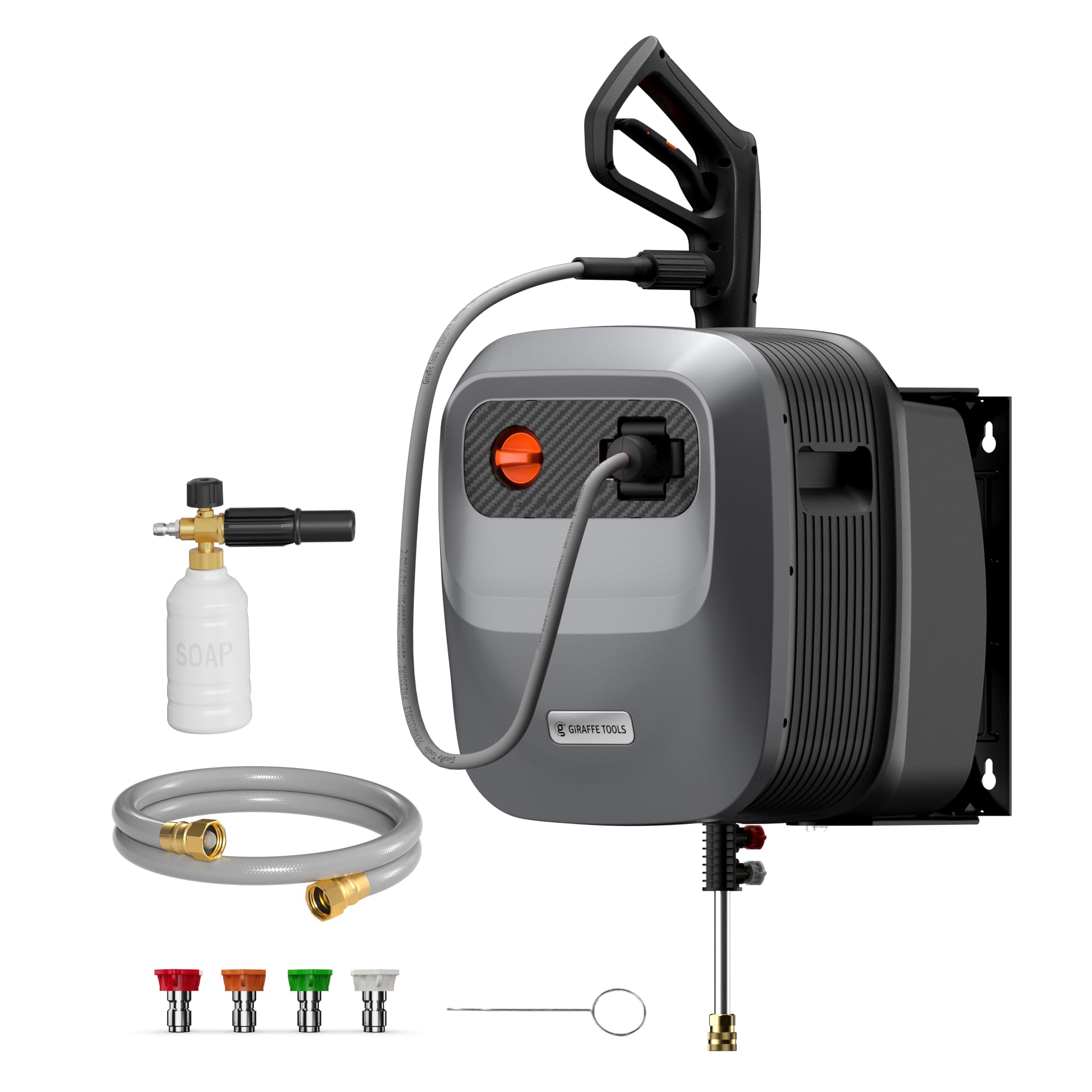 Photo 1 of Giraffe Tools Grandfalls Retractable Pressure Washer G20, 2500 PSI 2.2 GPM, 180° Wall Mounted Power Washer, Auto-Retract with 65FT Hose Reel, 5 Nozzles for Floor/Cars/Fences/Patios, Dark Silver