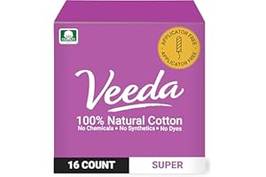 Veeda 100% Natural Cotton Tampons Super Absorbency - Non-Applicator Tampons with leak proof protection - Unscented, Chlorine 