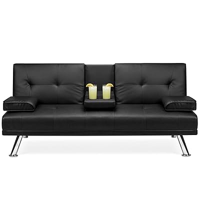 Best Choice Modern Faux Leather Futon Sofa Bed w/ 2 Cup Holders