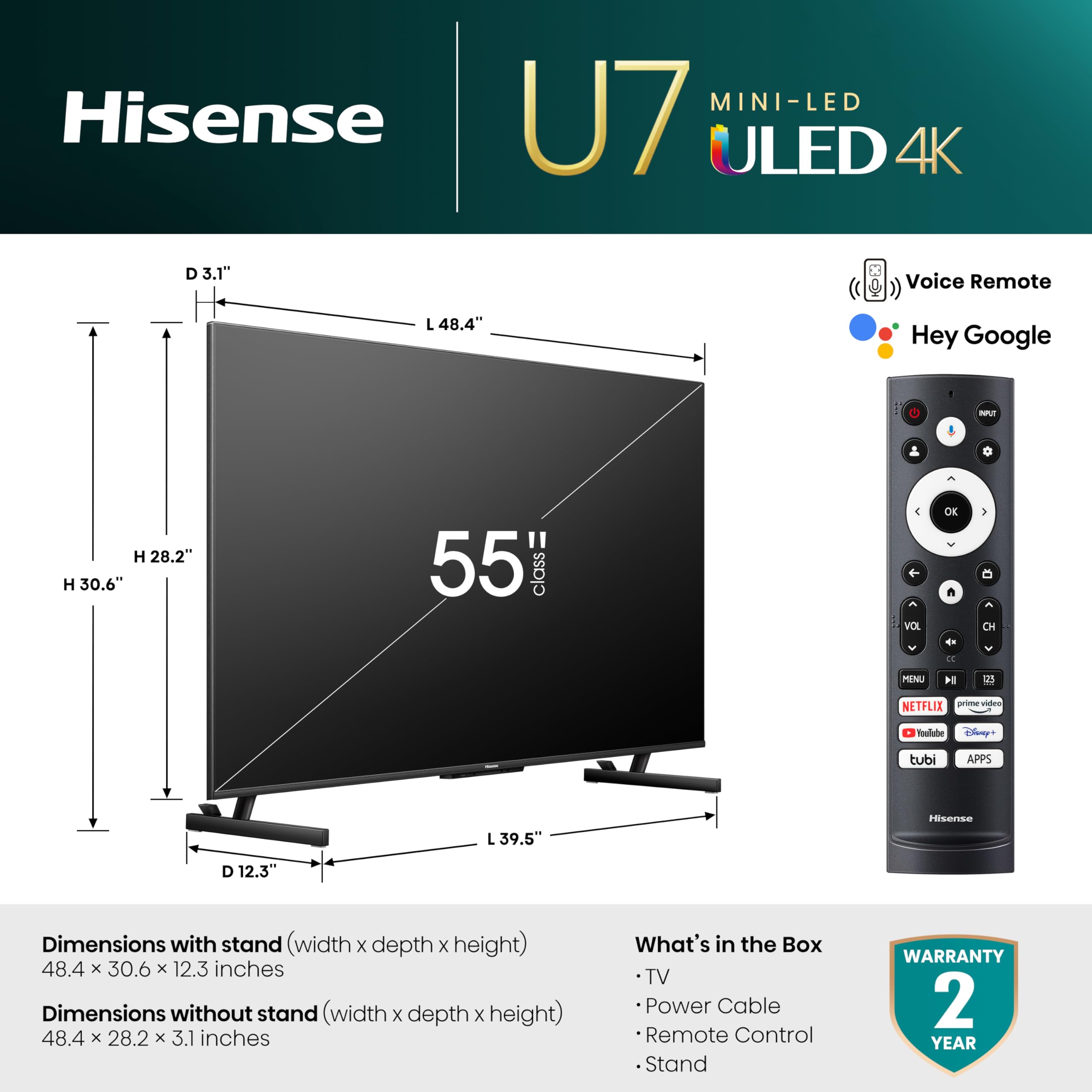 Hisense 55-Inch Class U7 Series Mini-LED ULED 4K UHD Google Smart TV (55U7K) - QLED, Native 144Hz, 1000-Nit, Dolby Vision IQ, Full Array Local Dimming, Game Mode Pro, Alexa Compatibility