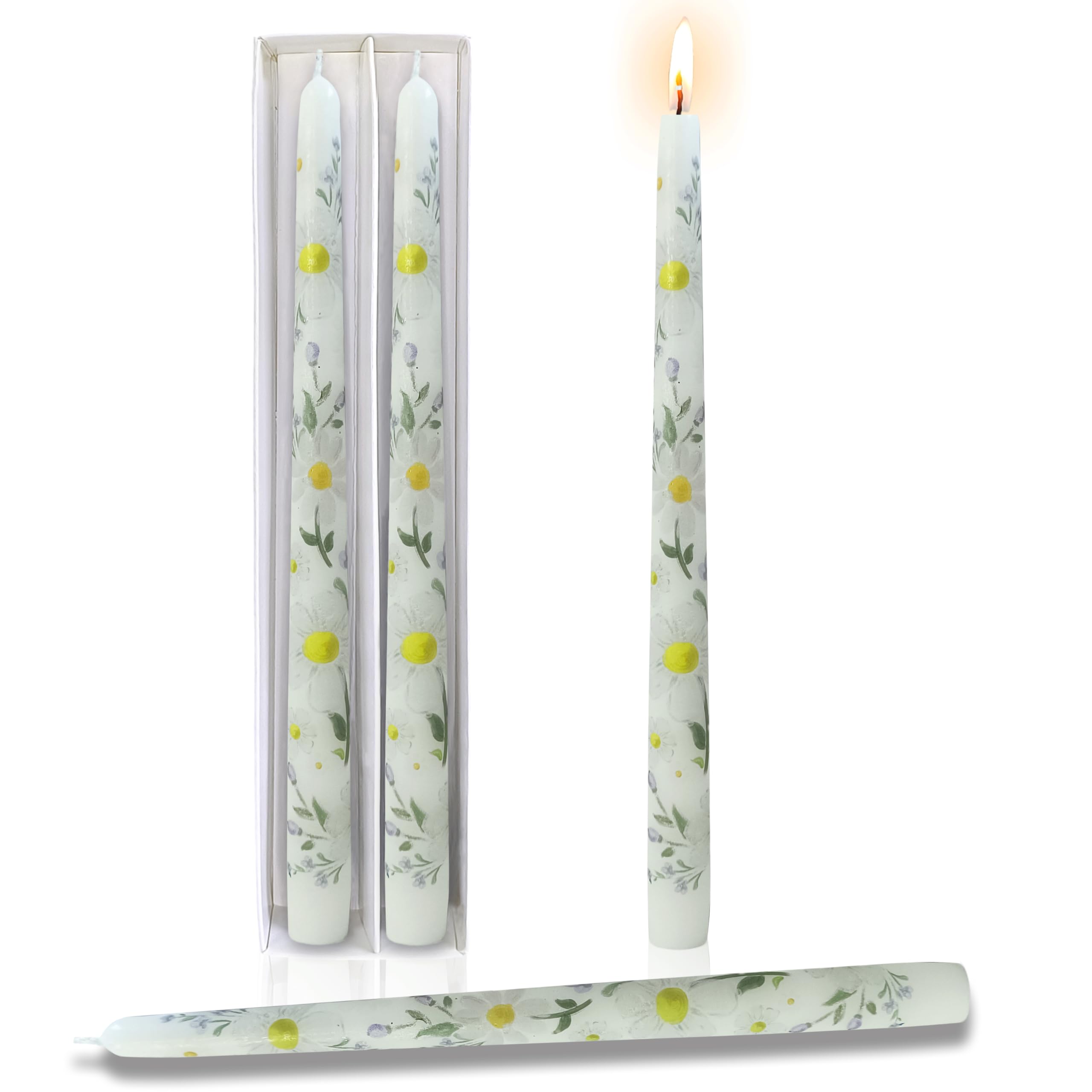 Photo 1 of 10 Inch Printed Taper Candles Candlesticks,2 Pack Handmade Unscented Candle Sticks Smokeless Tapered Candle Wedding Home Decoration(Daisy)
