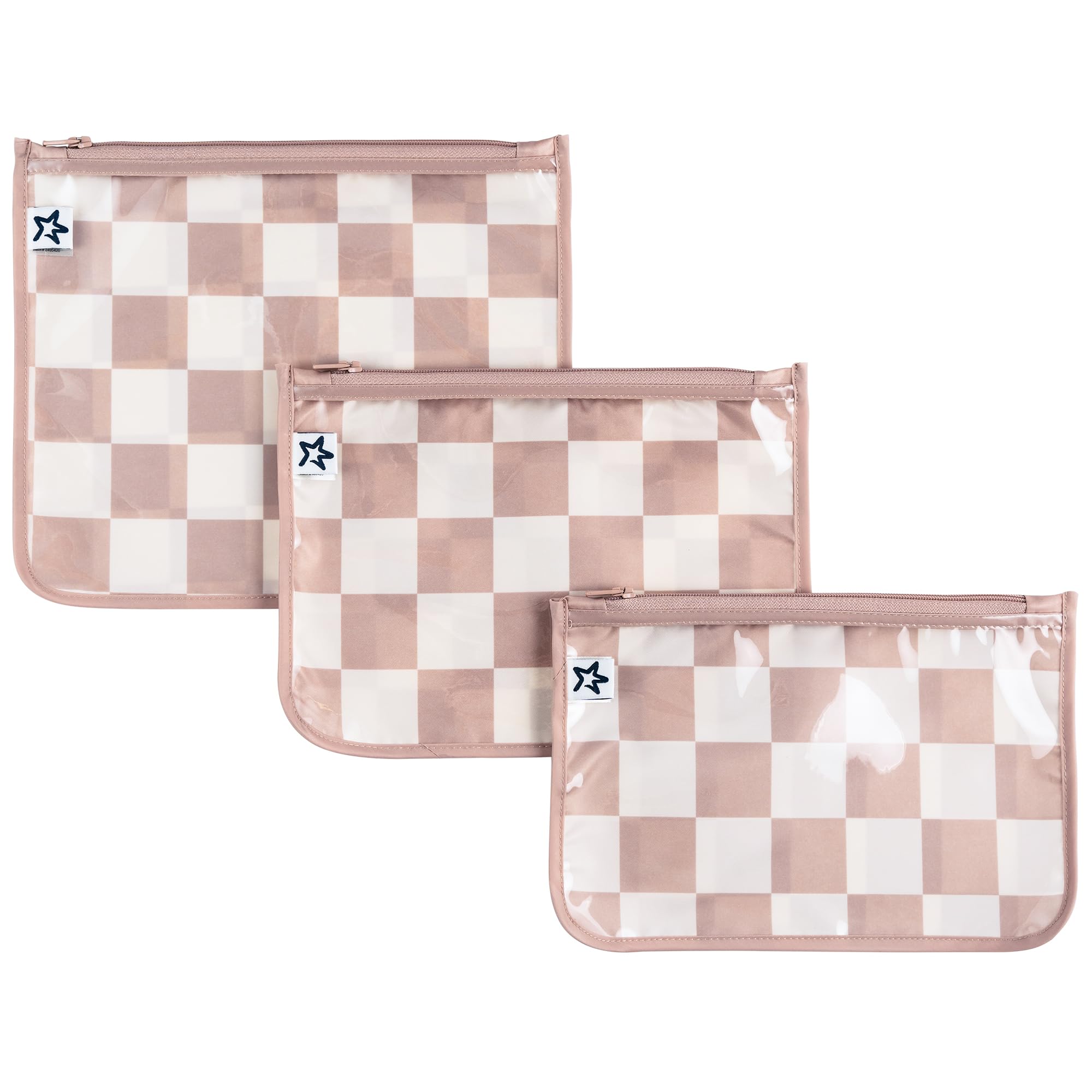 Photo 1 of Tiny Twinkle Mess-proof Travel Bags, Airline Compliant, Zipper Closure, Clear Front Pouch, Diaper Bag Packing, Toiletry or Cosmetics Organizer 3 Pack Set (Beige Checkers)