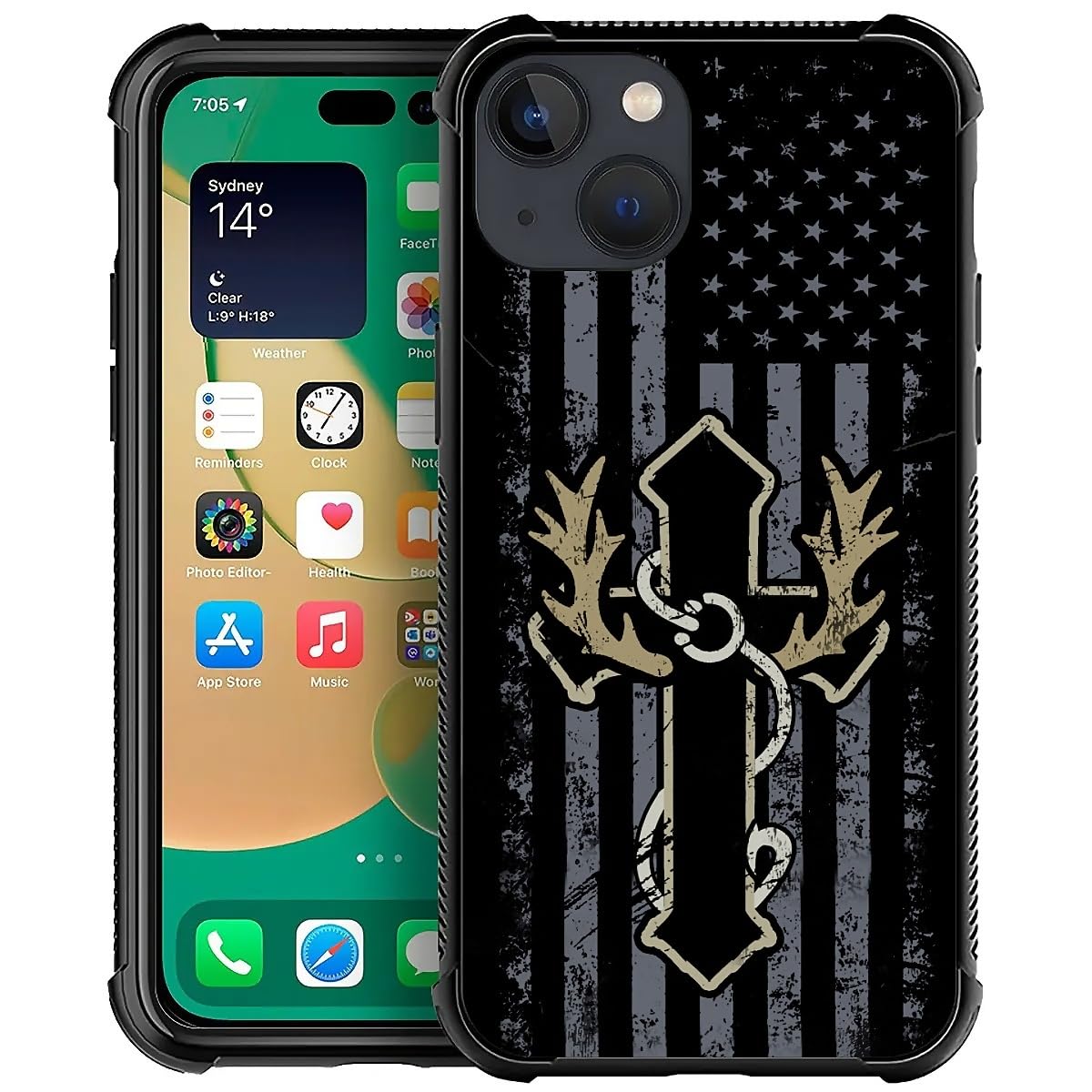 NONMY Phone Case Compatible with iPhone 13 Mini - Wireless Charging Compatible,S Hunt Fish Cross USA Flag TPU Bumper and Hard PC Pattern Back Case