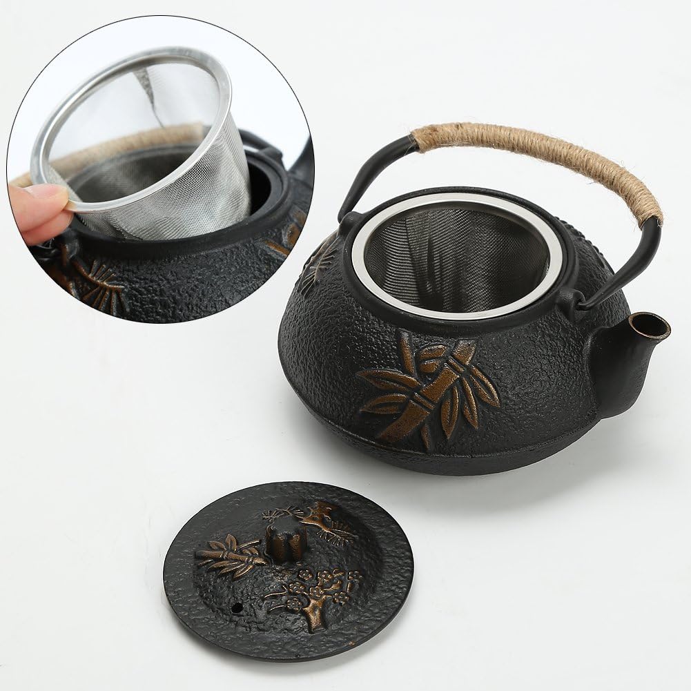 Fuloon Japanese Tea Kettle Cast Iron Teapot Infuser Strainer Set Chinese Leaf Pattern with Stainless Steel Filter 30oz/0.9L (Chinese Leaf) - Image 5
