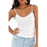 Cioatin Women Sleeveless Y2K Lace Patchwork Pointelle Crop Cami Tank Cute Spaghetti Strap V Neck Slim Summer Going Out Tops