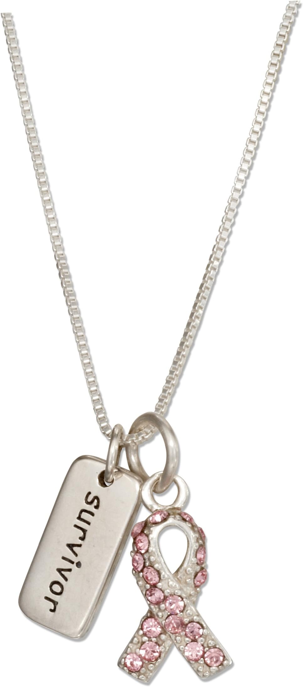 Sterling Silver 925 18 inch Breast Cancer Survivor Necklace Pink Swarovski Crystals Ribbon