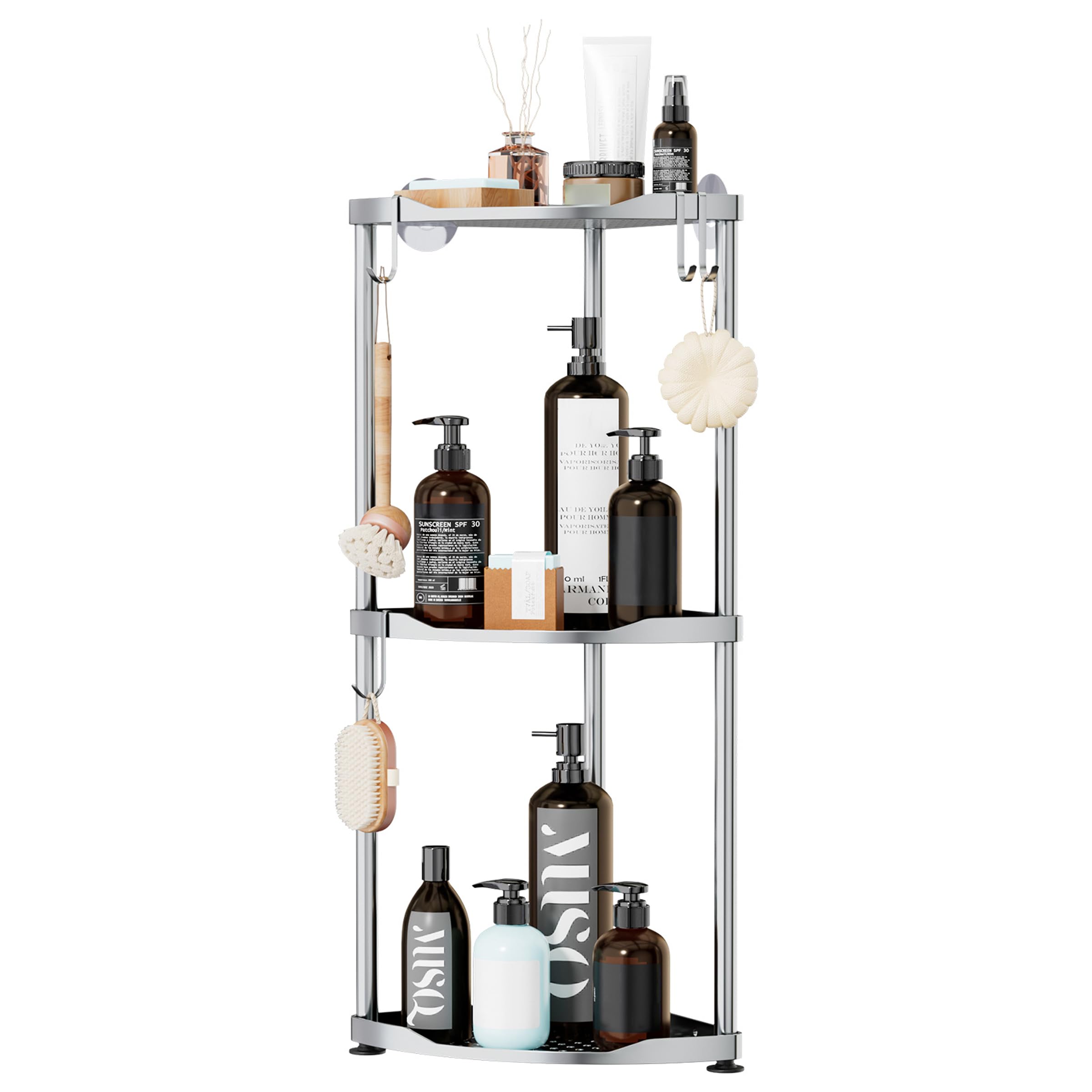 Photo 1 of SWTYMIKI Corner Shower Caddy Standing - 3 Tier Stainless Steel Shower Organizer Stand, Large Capacity Floor Shelf with 4 Hooks, Rustproof Bathroom Storage Rack,Silver