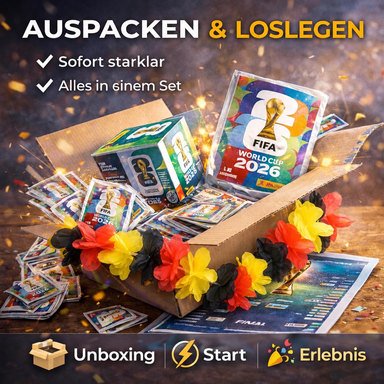 XXL Fan Starterset WM 2026 – Original Panini Sticker Album, Extra 1x Spielplan & Deutschland Blumenkette (25 Tüten / 175 Sticker Set) Eigenmarkenbundle 4